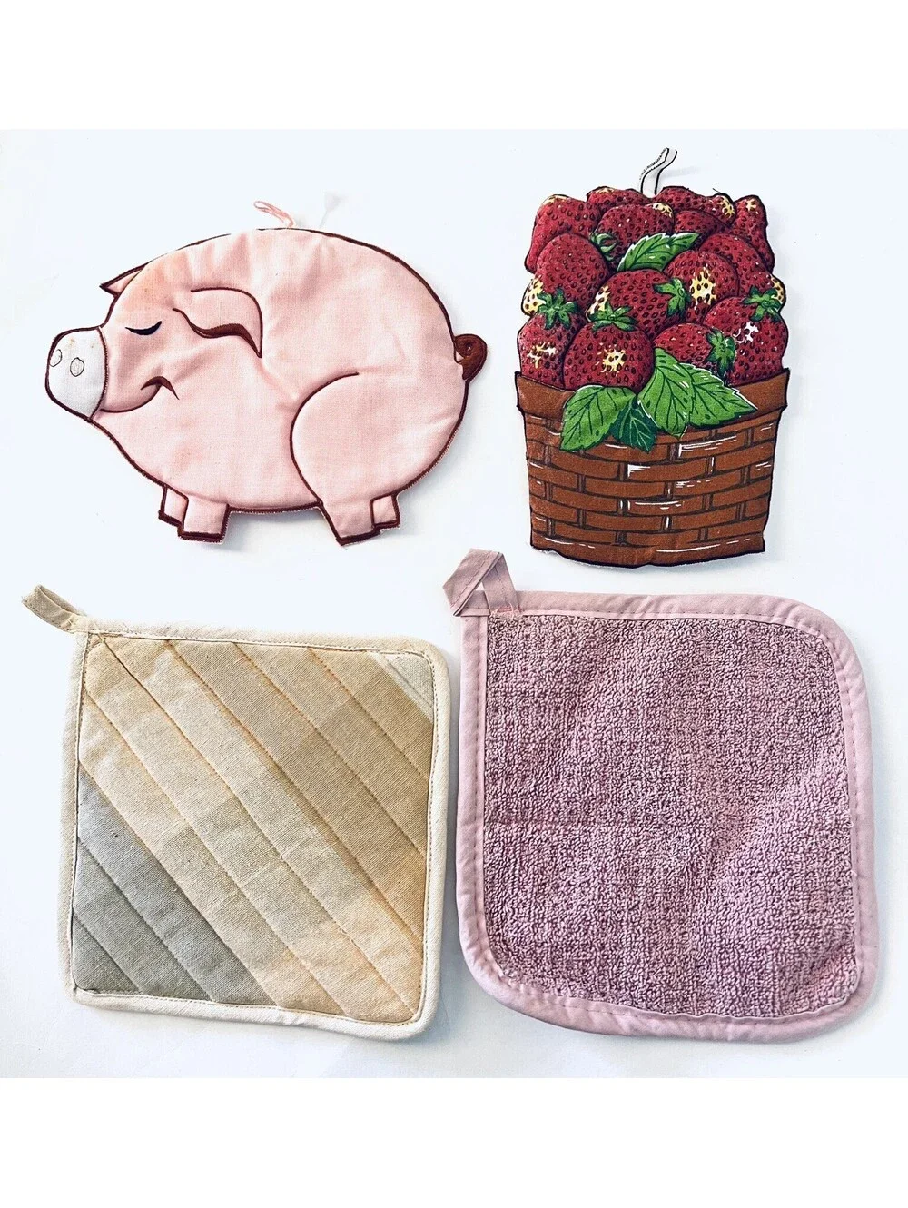 Vintage Potholder Lot of 4 Ritz USA Pig Strawberry Basket Quilted Hot Pads